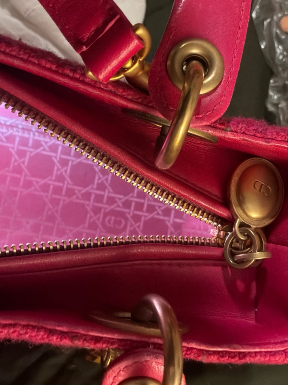 Pink tweed Lady Dior with multicolor charms and fabric - Picture 9 of 14